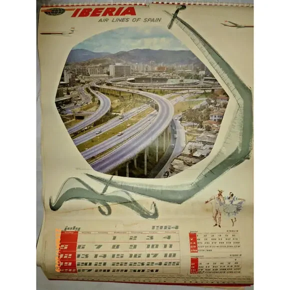 1964 Iberia Airlines Calendar Travel Poster Pages – Lot of 6 Vintage Spain Airli